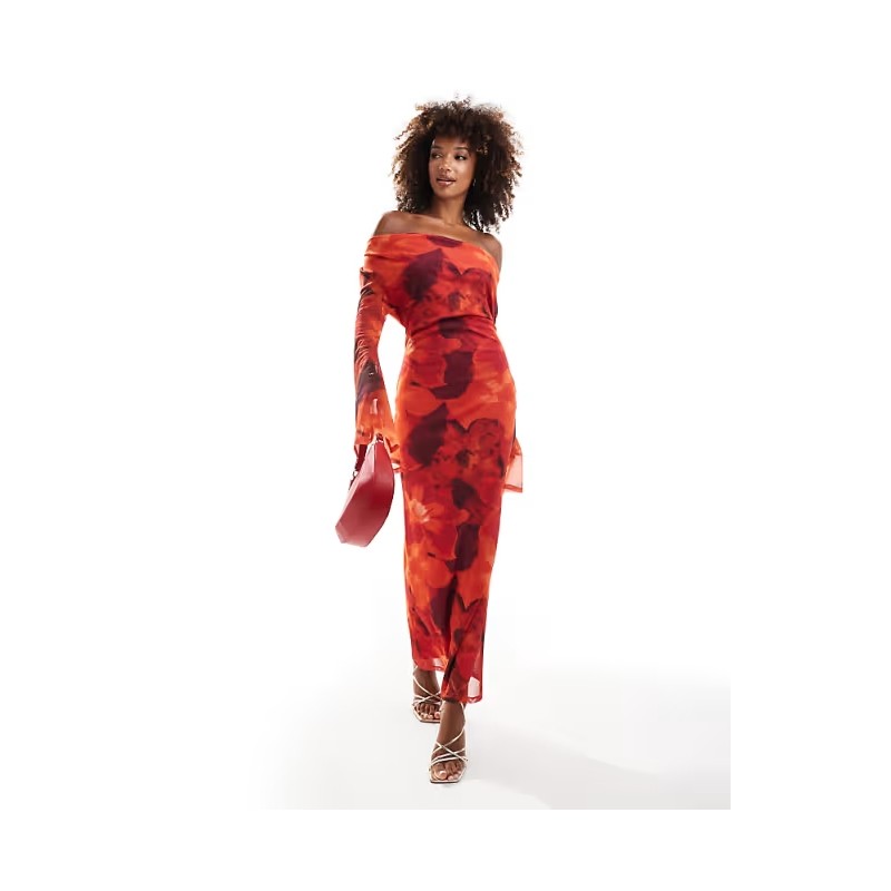 ASOS DESIGN cowl front mesh maxi dress with flare sleeve in red floral smudge print